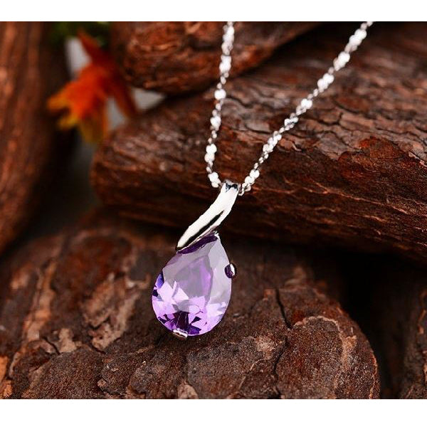 14K White Gold Overlay Sterling Silver Purple Crystal Angel Tear Pendant Necklace Image 1