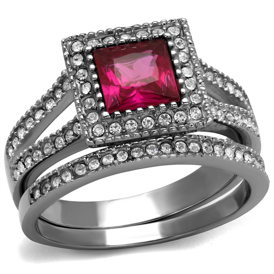1.64 Ct Princess Cut Ruby Zirconia Stainless Steel Halo Wedding Ring Set Sz 5-10 Image 1