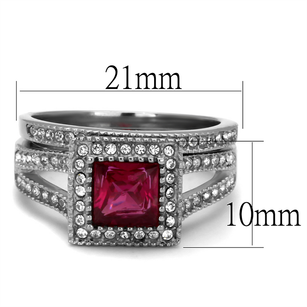 1.64 Ct Princess Cut Ruby Zirconia Stainless Steel Halo Wedding Ring Set Sz 5-10 Image 2