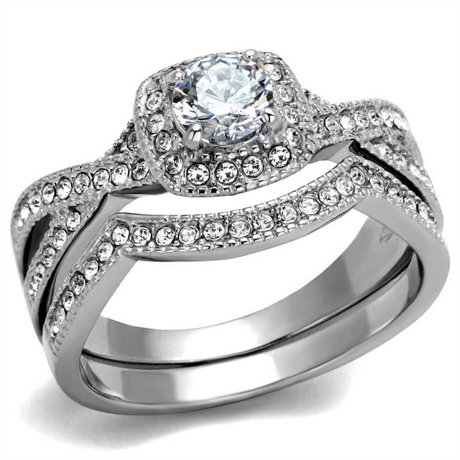 Round Cut .81 Ct Zirconia Stainless Steel Halo Wedding Ring Set Womens Size 5-10 Image 1