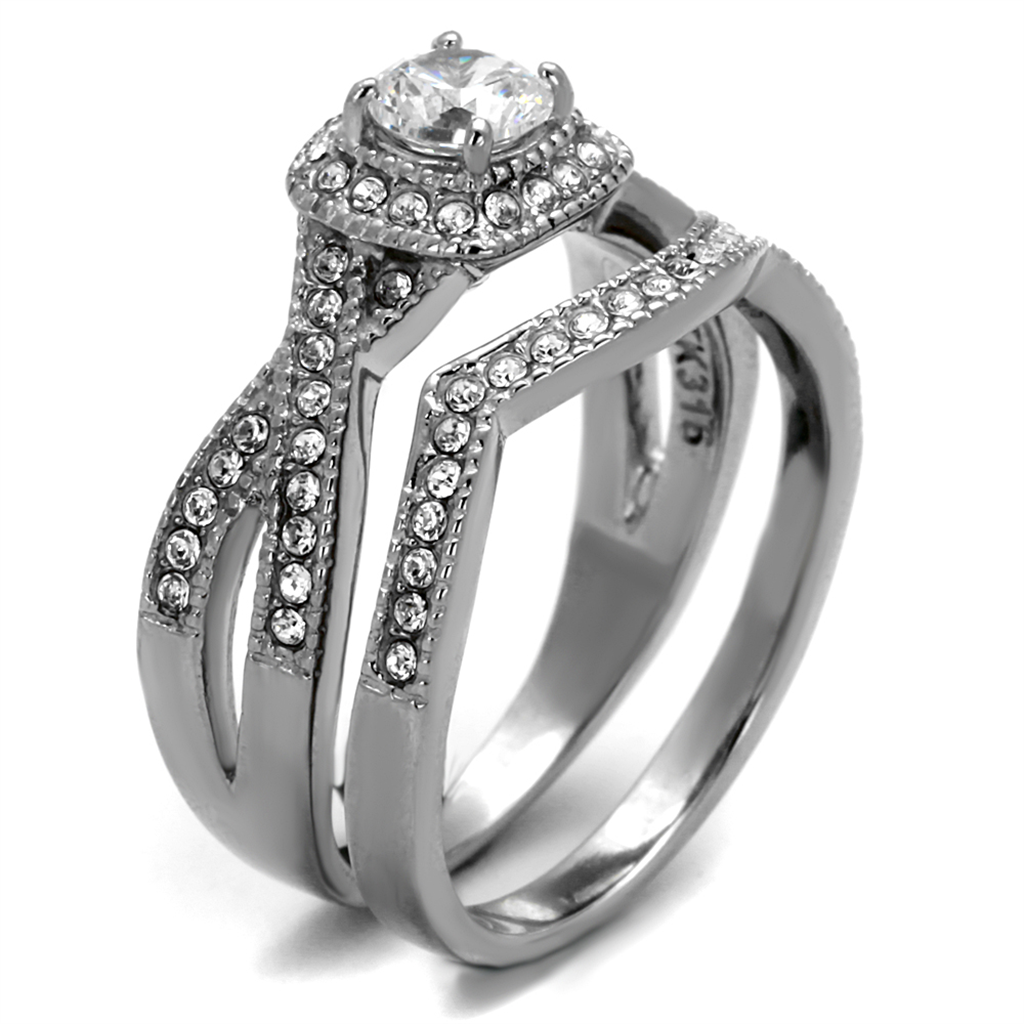 Round Cut .81 Ct Zirconia Stainless Steel Halo Wedding Ring Set Womens Size 5-10 Image 4