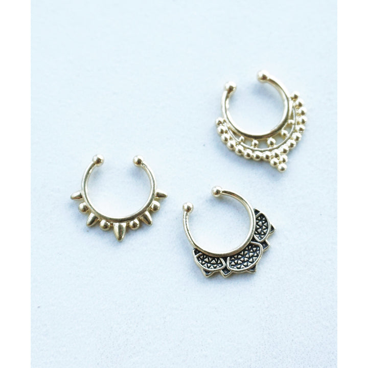 Gold Tone Simple Studs and Tribal Ethnic Inspired Design Faux Fake Septum Clip On Nose Ring SET OF THREE Image 2