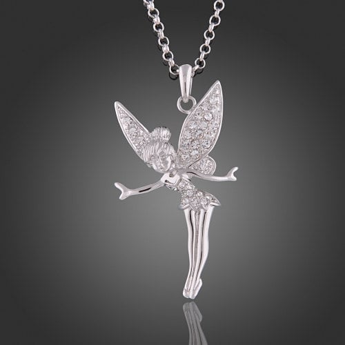 Tinkerbell Fairy Charm Pendant Necklace In Silver Or Gold Tone With Zircon Crystals Image 2