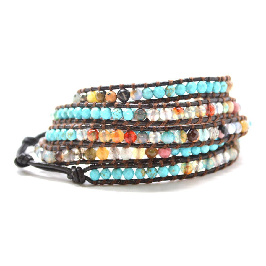 The Beach Lover - 34" TurquoiseOpal Blue and Multi-color Beaded Brown Leather Wrap Bracelet Image 1