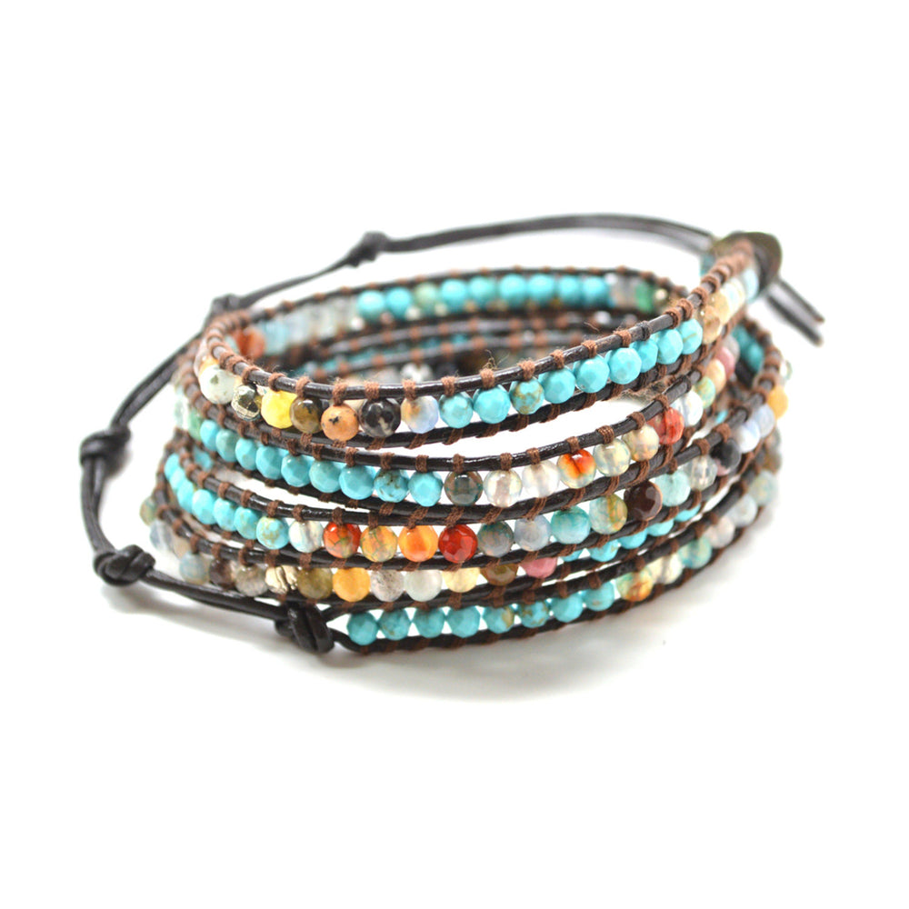 The Beach Lover - 34" TurquoiseOpal Blue and Multi-color Beaded Brown Leather Wrap Bracelet Image 2