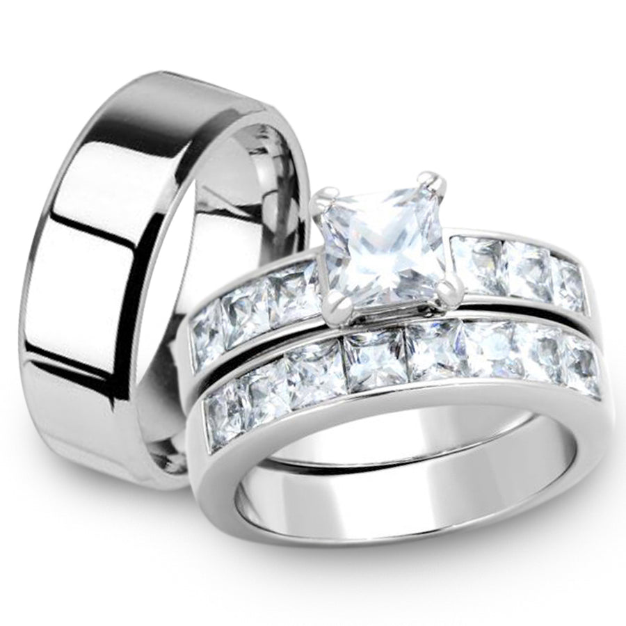 His and Her 3pc Princess Wedding Engagement Ring and Mens Band Stainless Steel Set Image 1
