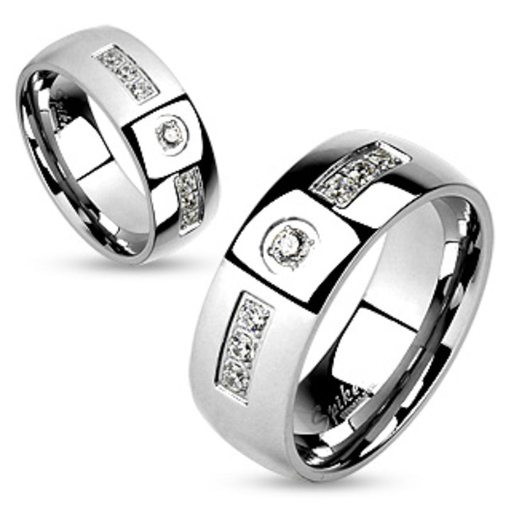 His and Hers Stainless Steel Princess Wedding Ring Set and Zirconia Wedding Band Image 3