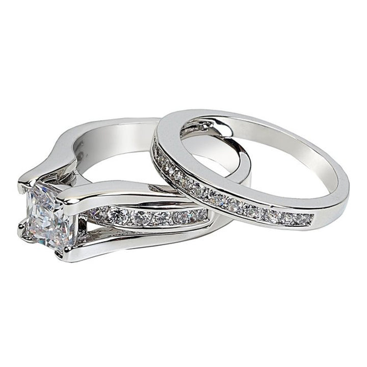 His and Hers Stainless Steel Princess Wedding Ring Set and Zirconia Wedding Band Image 4