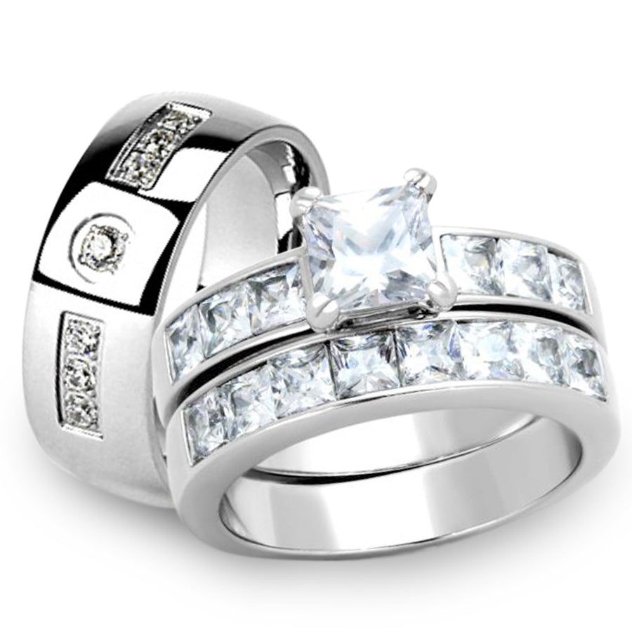 His and Her Stainless Steel 3pc Princess Wedding Ring Set and Mens Wedding Band Image 1