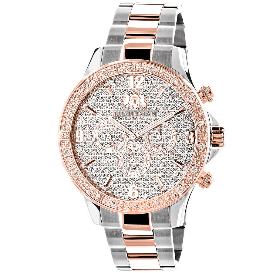 Luxurman Mens Diamond Watch Two-Tone White Rose Gold Plated Liberty with Swiss Movement Plus 2 Leather Straps Image 1