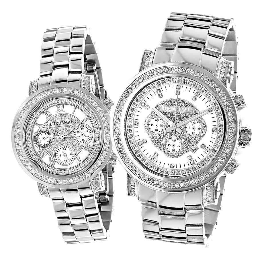 Matching His and Hers Watches: Luxurman Oversized Diamond Watch Set 4.5ct Image 1