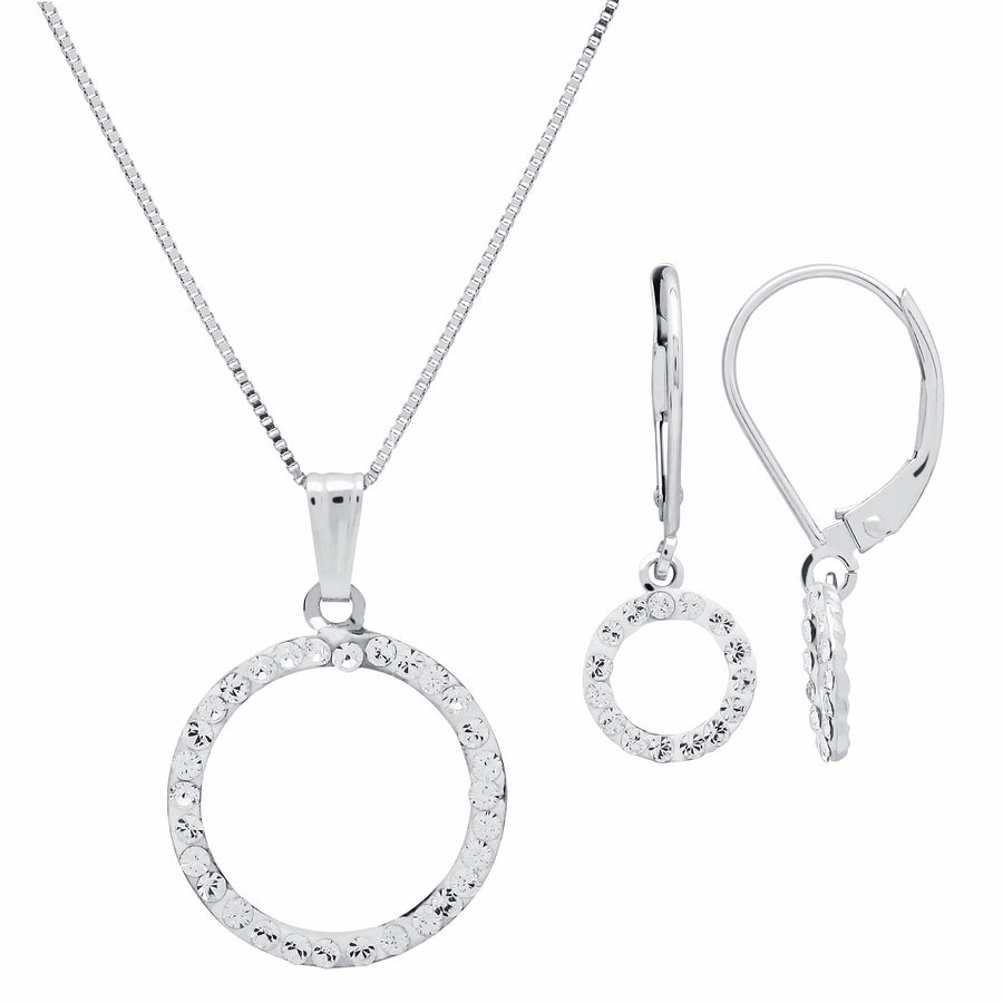 Rhodium Plated Open Circle Crystal Necklace and Earrings Set Image 1