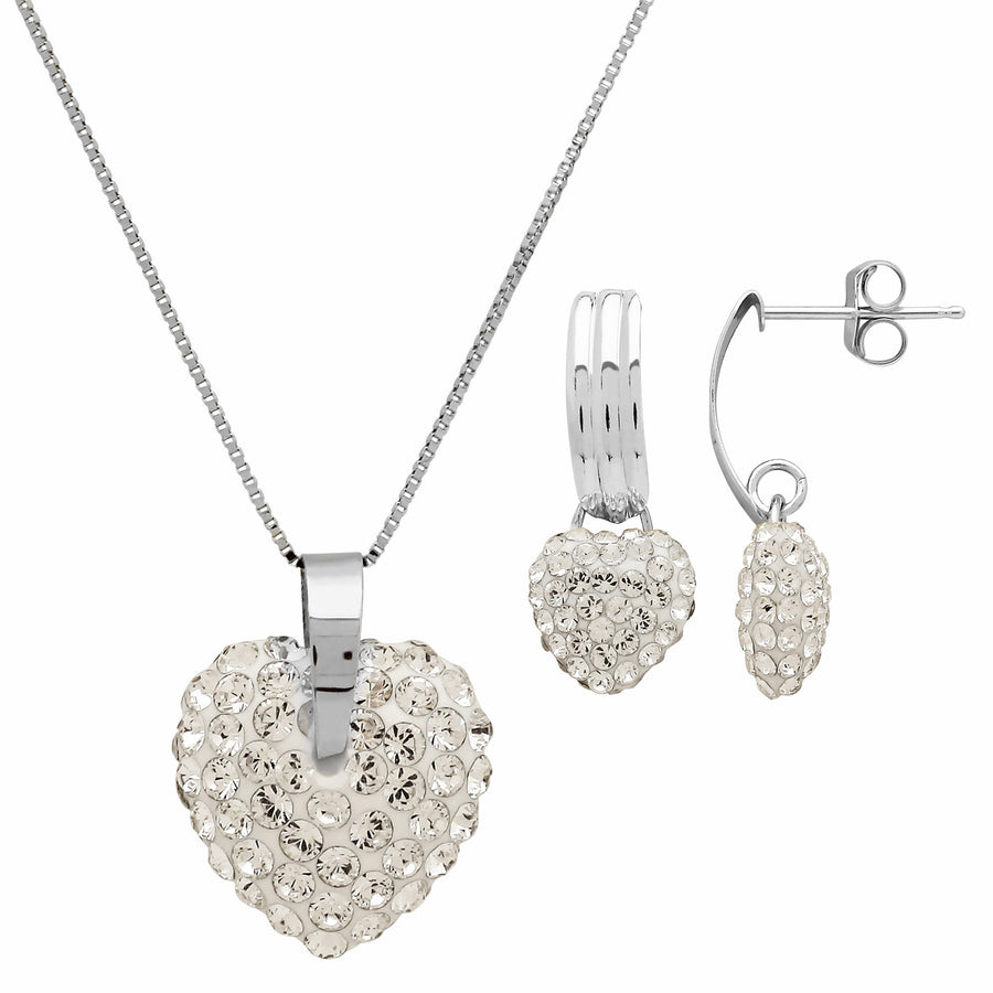 Rhodium Plated Crystal Puffed Heart Necklace and Earrings Set Image 1