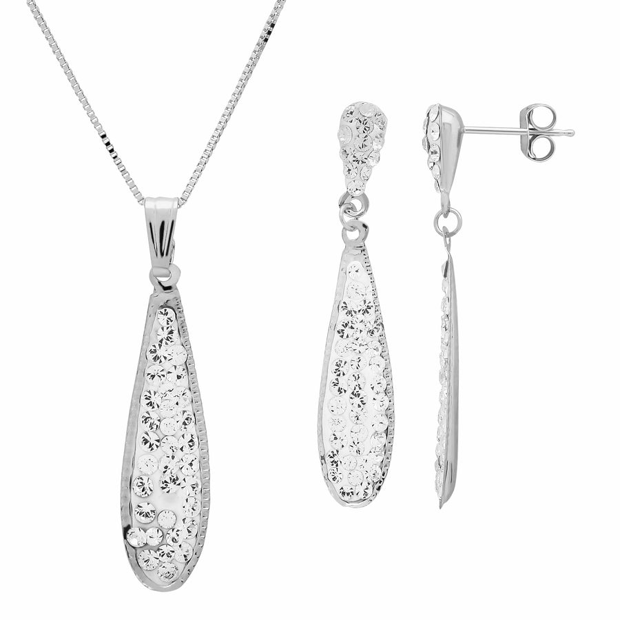 Rhodium Plated Long Teardrop Crystal Necklace and Earrings Set Image 1
