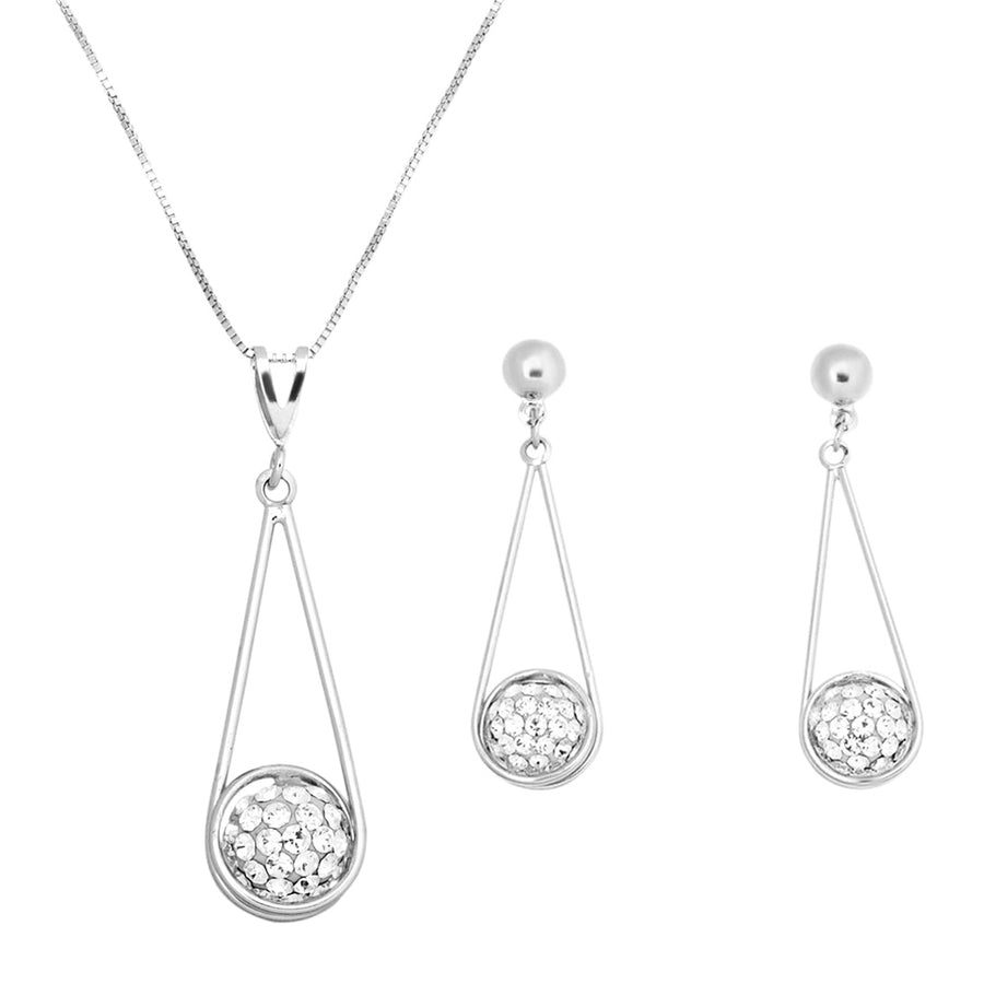 Rhodium Plated Wire Teardrop Crystal Ball Necklace and Earrings Set Image 1