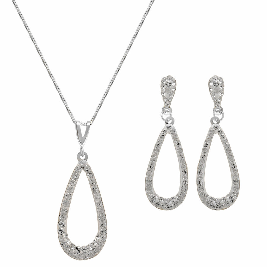Rhodium Plated Long Open Teardrop Crystal Necklace and Earrings Set Image 1
