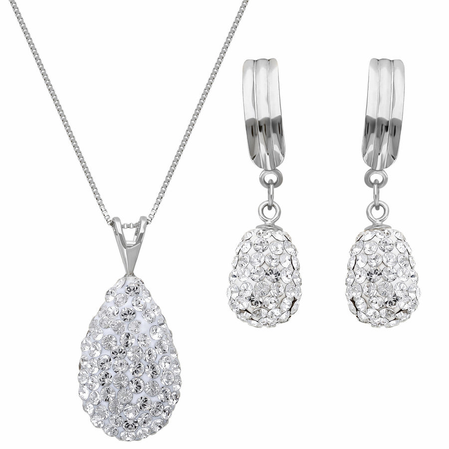 Rhodium Plated Puffed Teardrop Crystal Necklace and Earrings Set Image 1