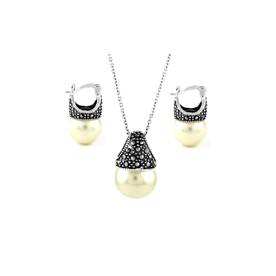 Genuine Marcasite And Sterling Silver Pearl Earring And Necklace Set Image 2