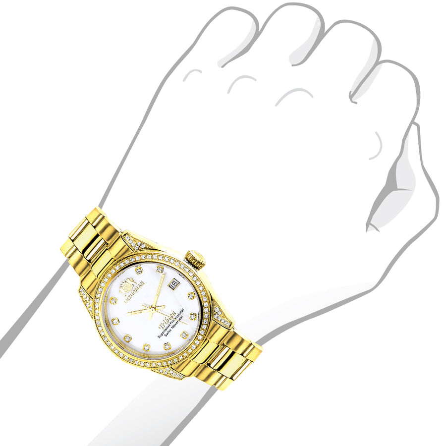 Womens Diamond Watch Yellow Gold Plated Luxurman Tribeca 1.5ct Image 1