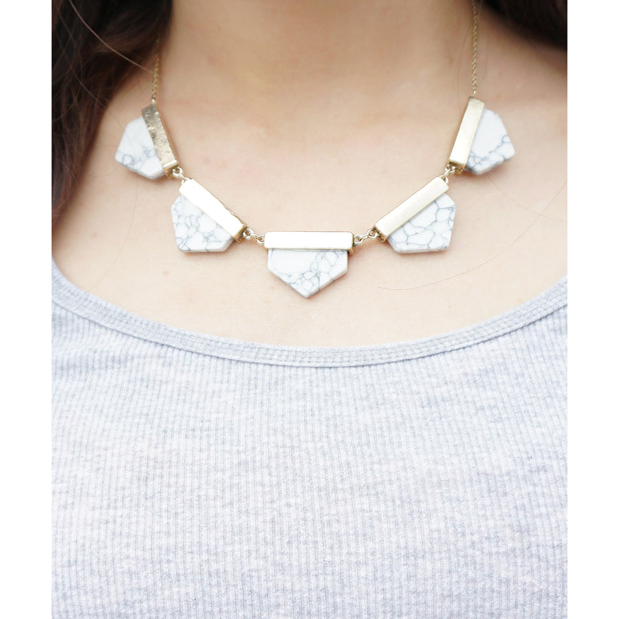 White Marble Geometric Gold Statement Necklace with Matching Earrings Image 1