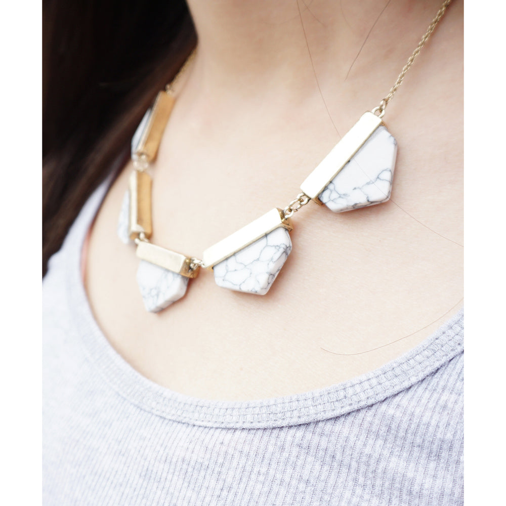 White Marble Geometric Gold Statement Necklace with Matching Earrings Image 2