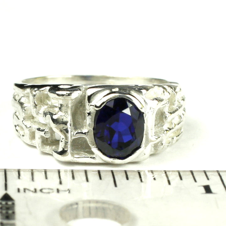 Sterling Silver Mens Nugget Ring Created Blue Sapphire SR197 Image 4