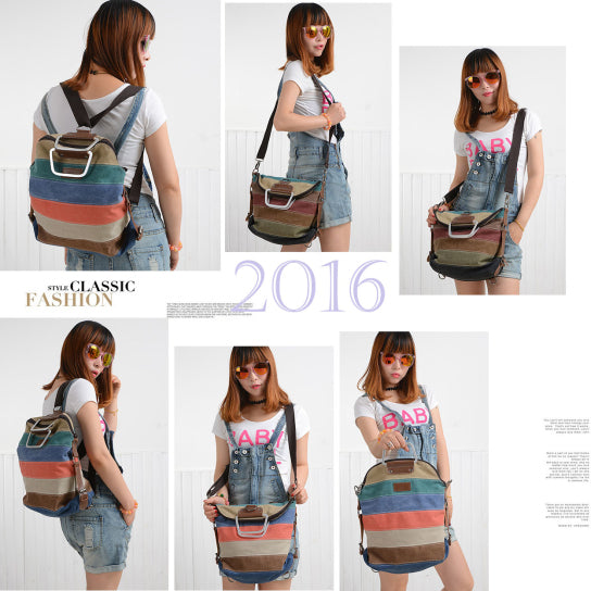 Multi Ways Rainbow Canvas School Backpack Shoulder Handbag Tote Bag Image 4