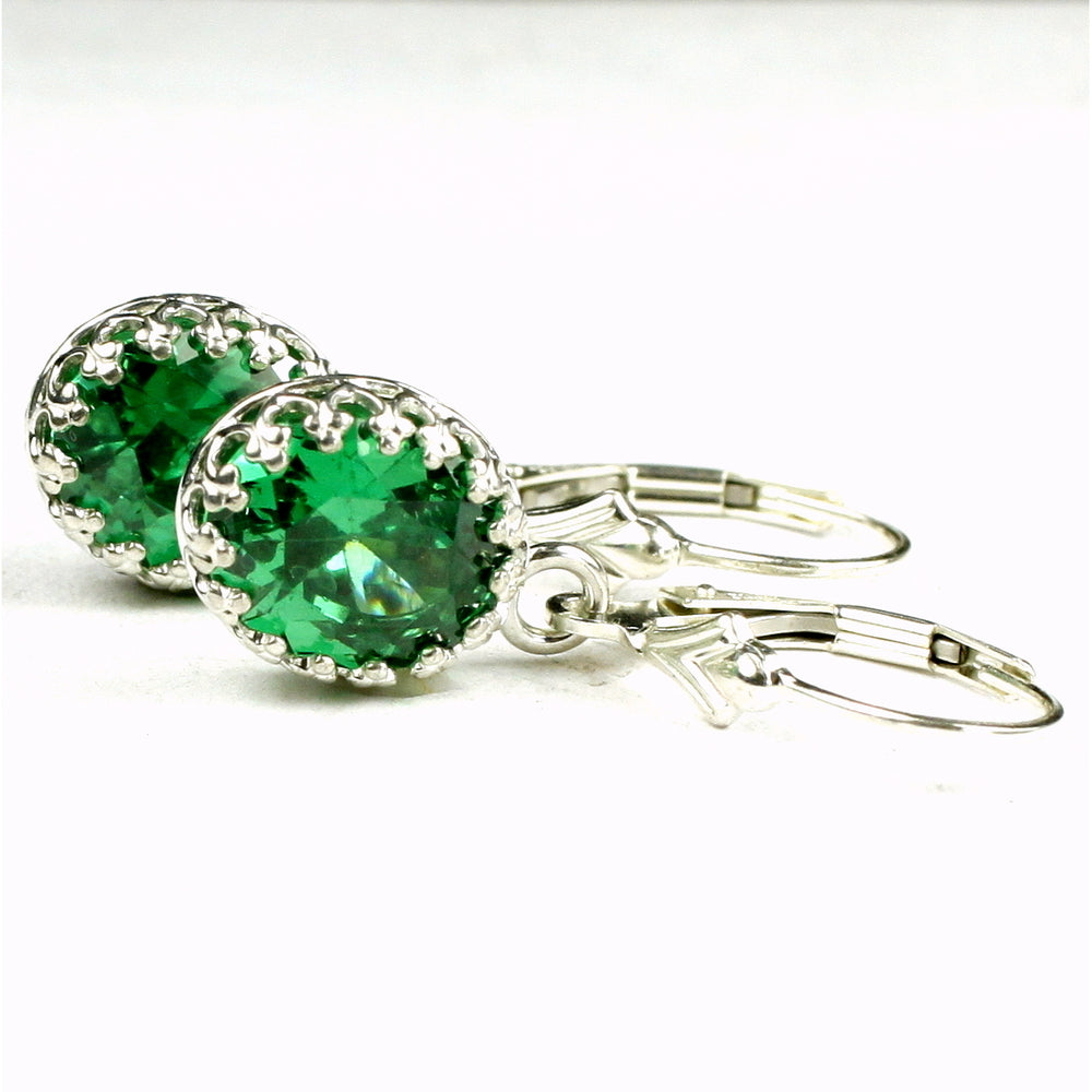Sterling Silver Crown Bezel Leverback Earrings Created Emerald SE109 Image 2