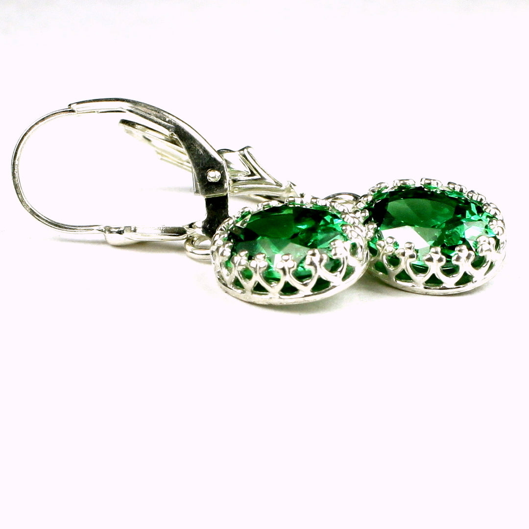 Sterling Silver Crown Bezel Leverback Earrings Created Emerald SE109 Image 3