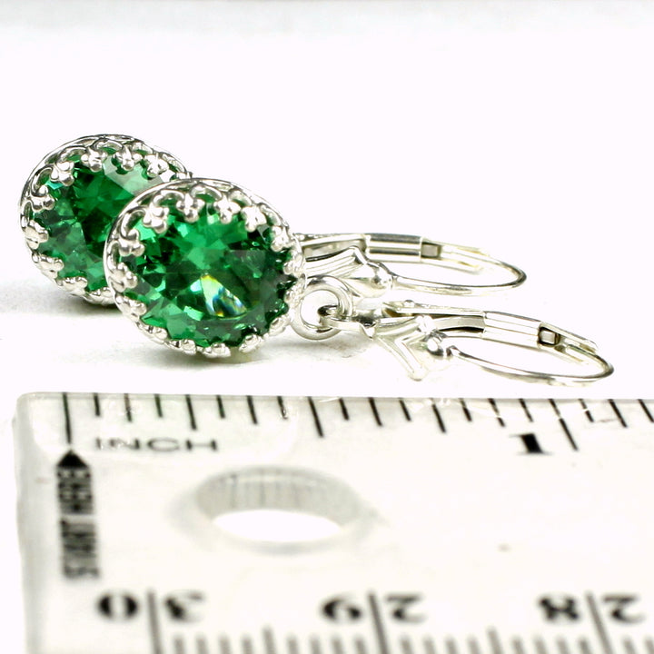 Sterling Silver Crown Bezel Leverback Earrings Created Emerald SE109 Image 4