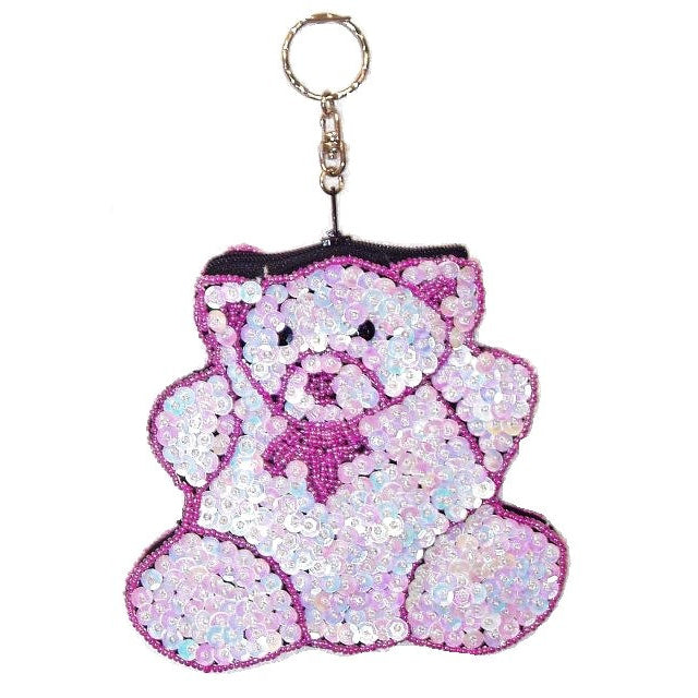 Sequin Beaded Cute Animal Coin Purse Key Chain Pink TEDDY BEAR Image 1