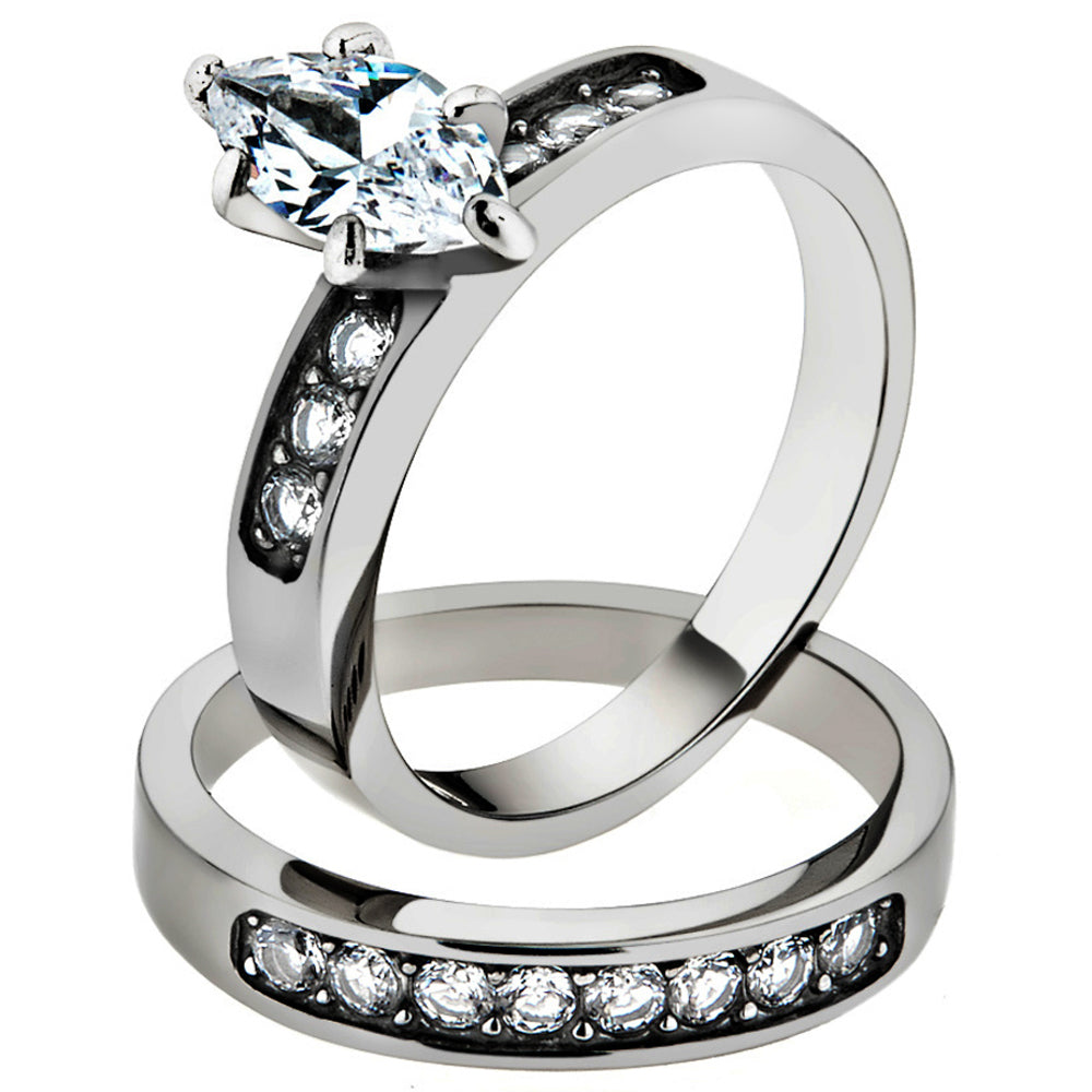 His and Her 3 Pc Stainless Steel 1.65 Ct Cz Bridal Set and Men Zirconia Wedding Band Image 2