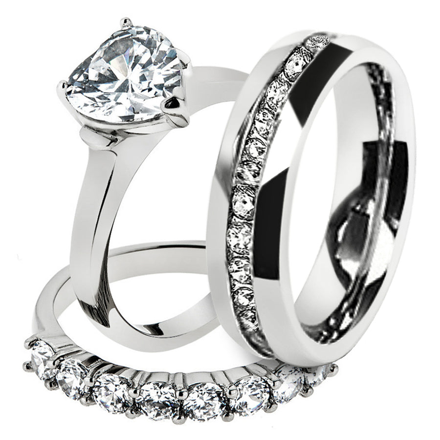 His and Hers Stainless Steel 2.70 Ct Cz Bridal Set and Mens Eternity Wedding Band Image 1