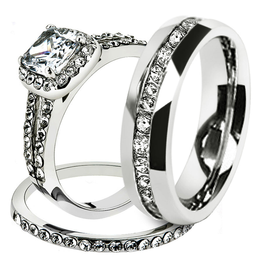 His and Hers Stainless Steel 1.80 Ct Cz Bridal Set and Mens Eternity Wedding Band Image 1