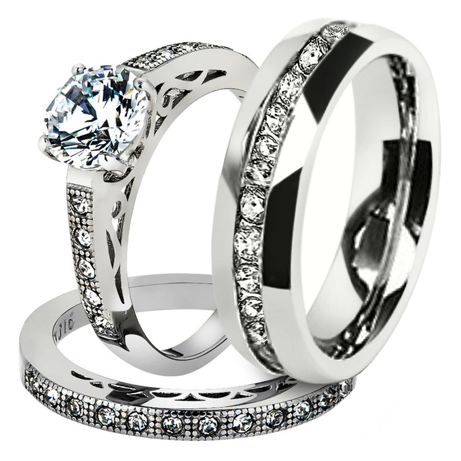 His and Hers Stainless Steel 1.39 Ct Cz Bridal Set and Mens Eternity Wedding Band Image 1