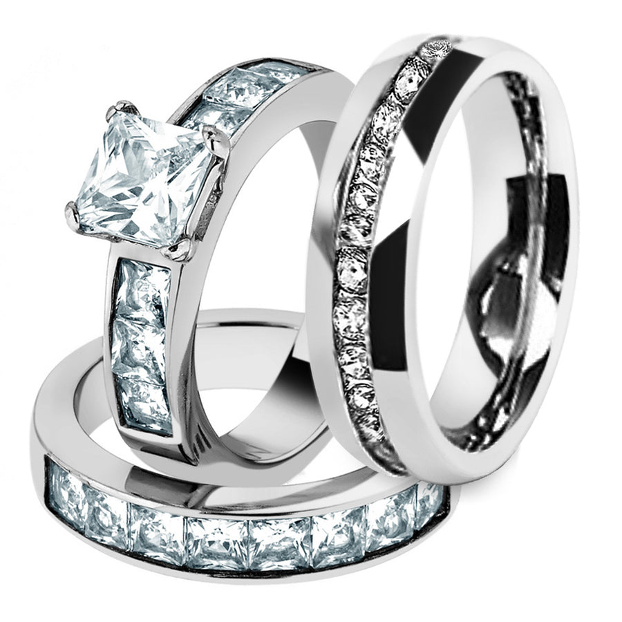 His and Hers Stainless Steel 3.75 Ct Cz Bridal Set and Mens Eternity Wedding Band Image 1