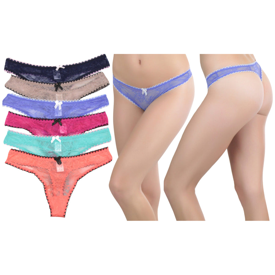 Womens Sheer Lace Thongs 6 Pack Image 1