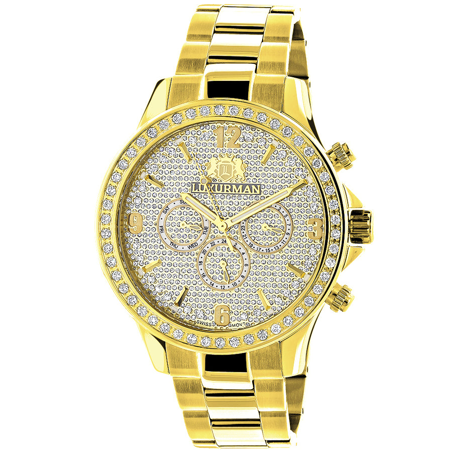 Luxurman Liberty Mens Diamond Watch 2ct 18k Yellow Gold Plated Image 1
