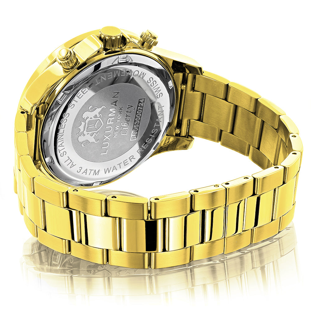 Luxurman Liberty Mens Diamond Watch 2ct 18k Yellow Gold Plated Image 2