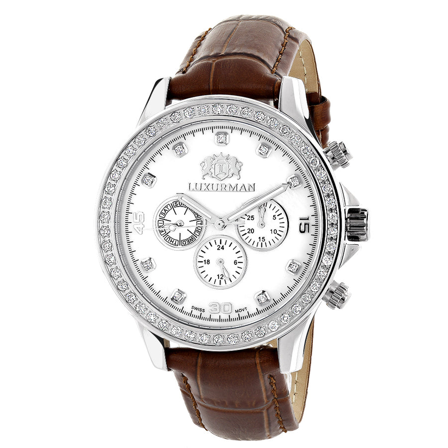 Diamond Watches For Men: Luxurman Liberty Diamond Bezel Watch White MOP 2ct Image 1
