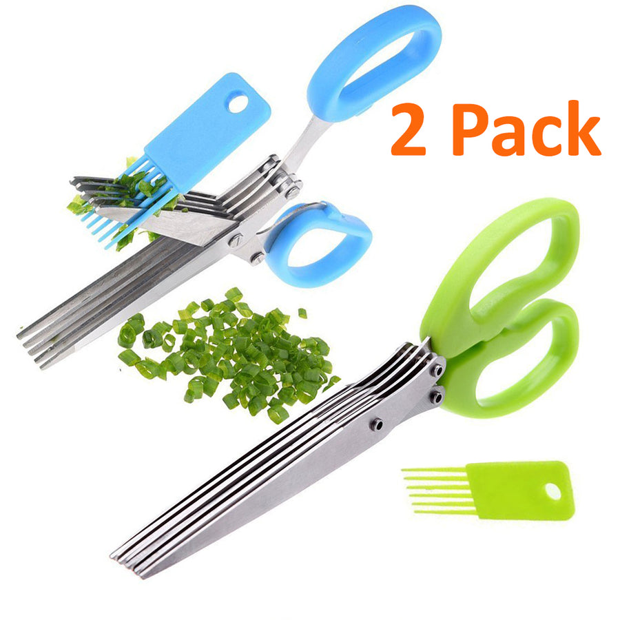 (2 Pack) Stainless Steel 5 Blade Herb Scissors With Cleaning Comb Image 1