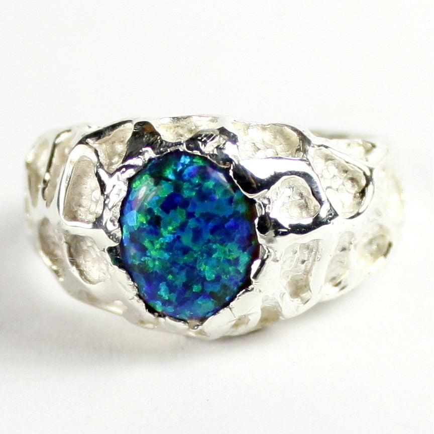 Sterling Silver Mens Ring Created Blue/Green Opal SR168 Image 1