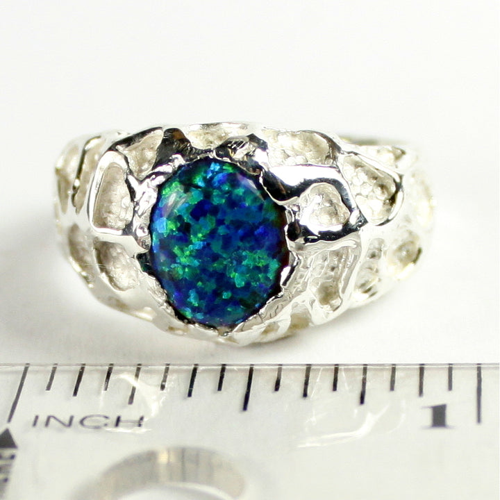Sterling Silver Mens Ring Created Blue/Green Opal SR168 Image 4