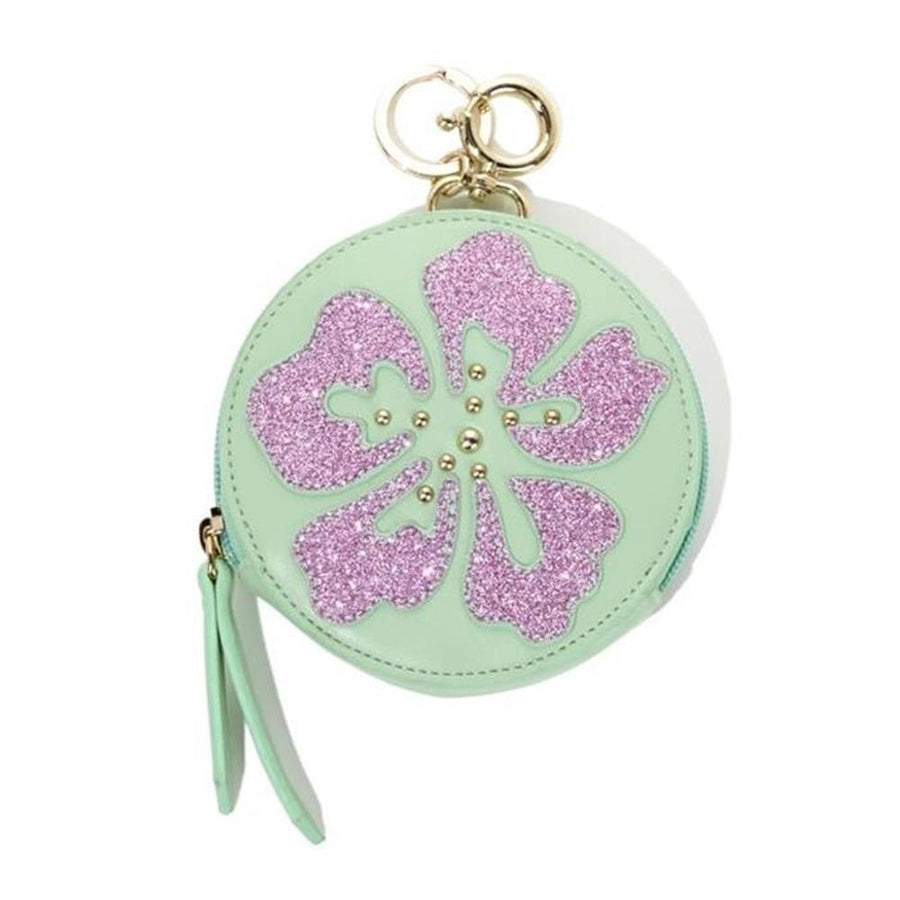 Sharif Hibiscus Flower Zip Coin Purse Keychain Bag Charm Wallet Womens Glitter Green Clucth Handbag Case Sale 414069 Image 1