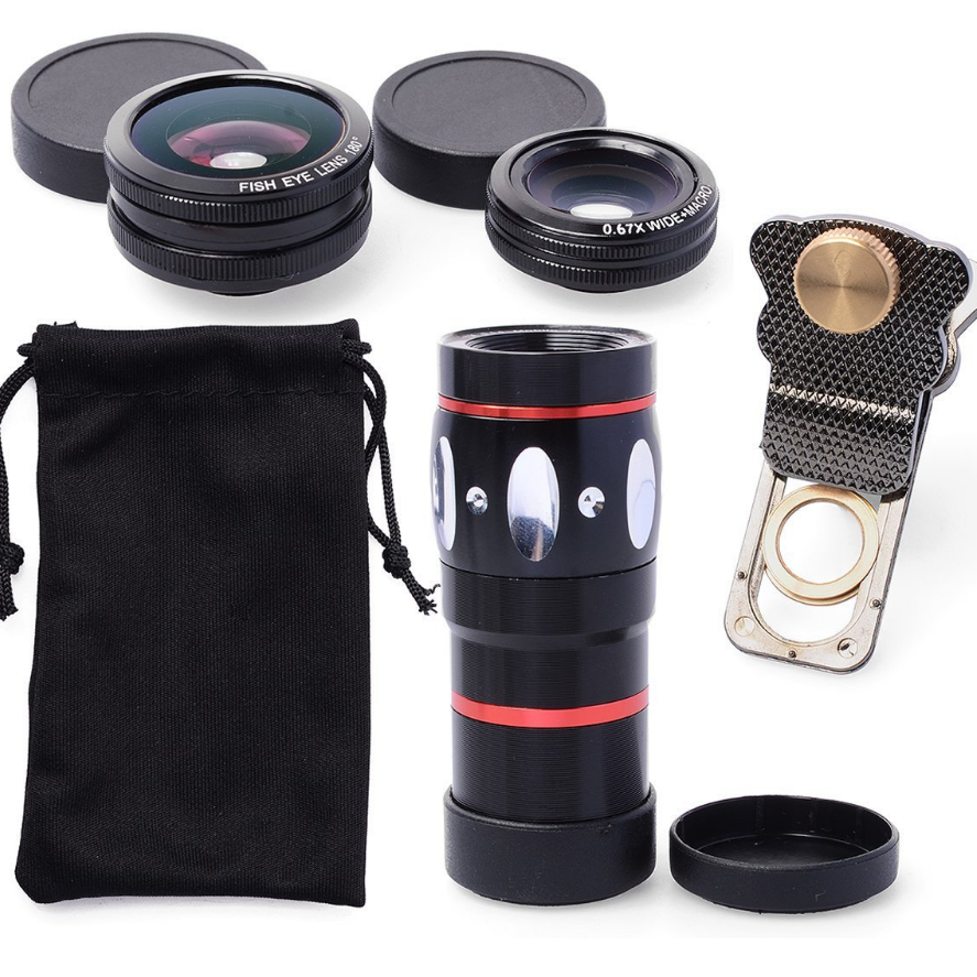 4-in-1 Universal Clamp Clip Camera Lens Kit Set 10x Optical Zoom Telescope + Fish Eye Lens + Wide Angle + Micro Lens Kit Image 2