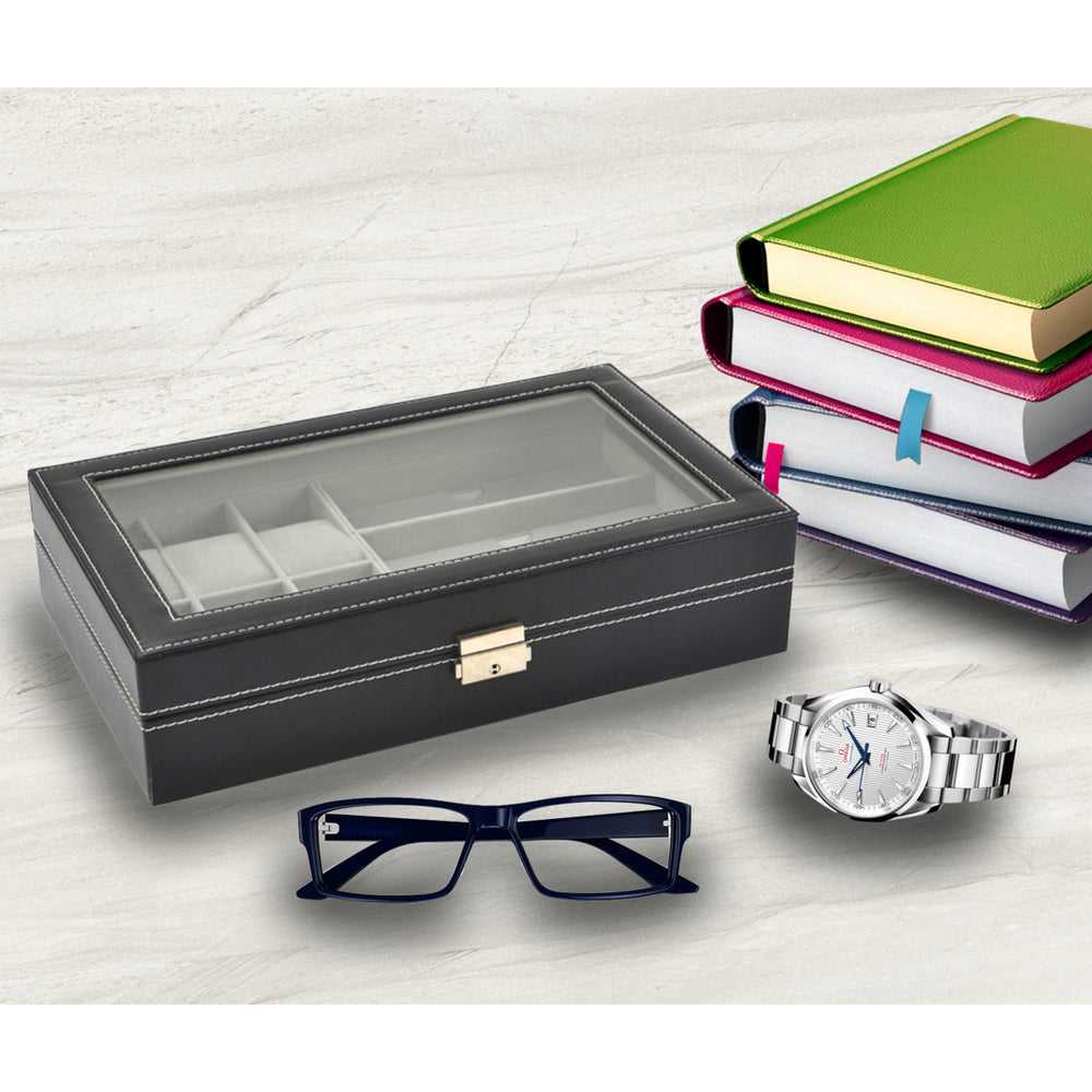 6 Black Leather Watch Box Jewelry Case Valet and 3 Piece Eyeglasses Storage and Sunglass Glasses Display Case Organizer Image 2