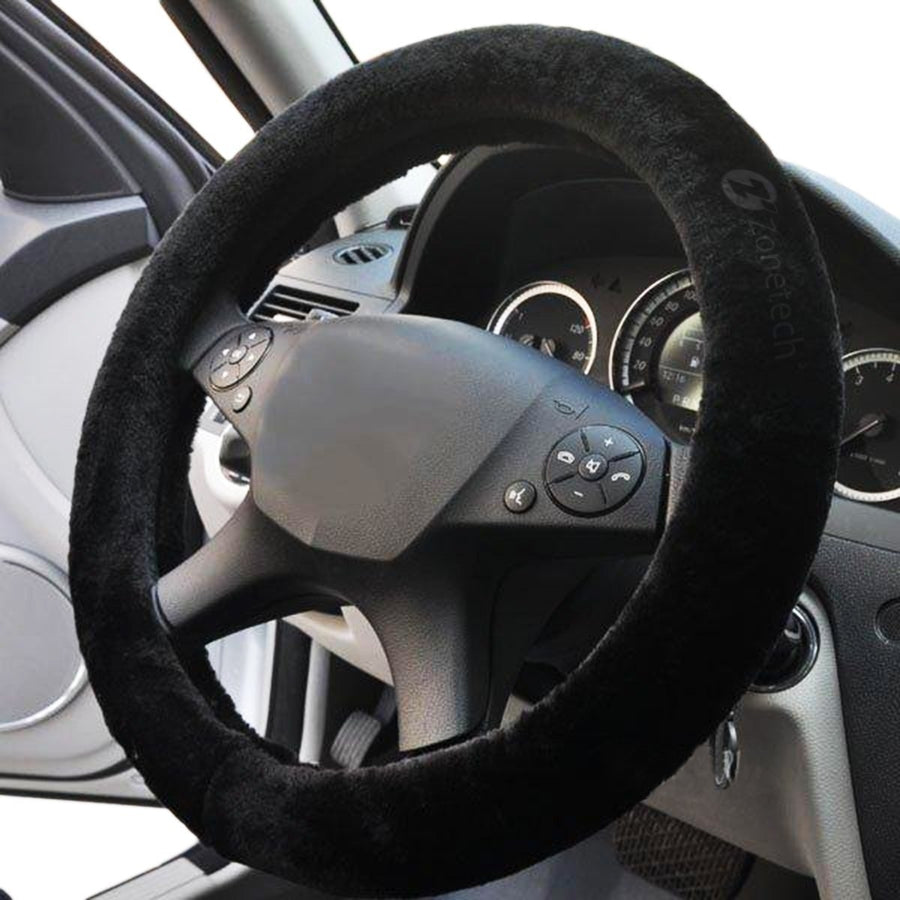 Zone Tech Plush Stretch On Vehicle Steering Wheel Cover Protector Faux Sheepskin Black Car Image 1