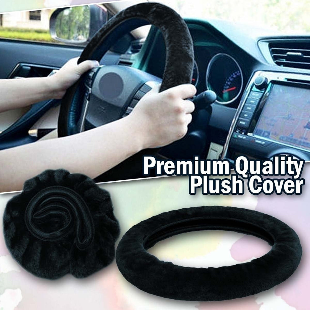 Zone Tech Plush Stretch On Vehicle Steering Wheel Cover Protector Faux Sheepskin Black Car Image 2