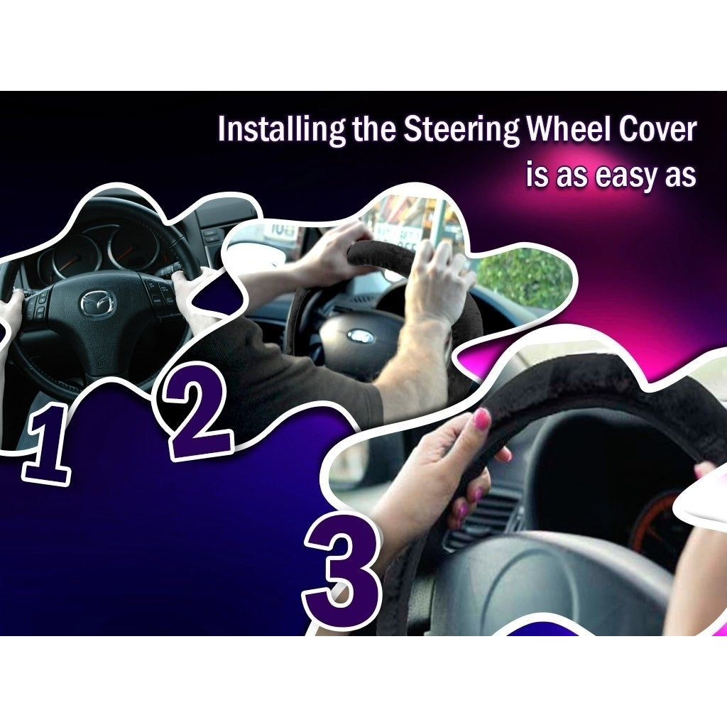 Zone Tech Plush Stretch On Vehicle Steering Wheel Cover Protector Faux Sheepskin Black Car Image 3