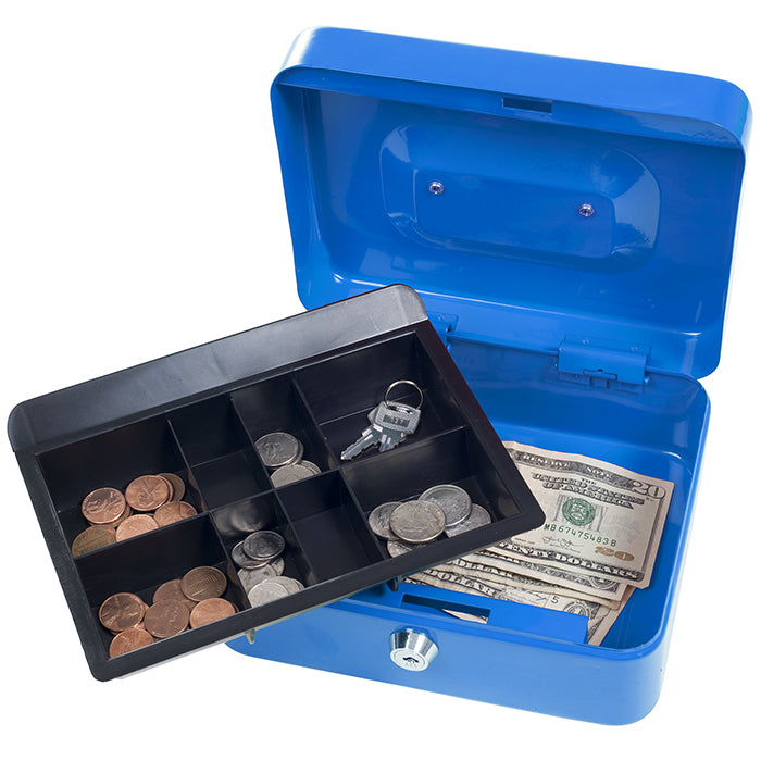 Stalwart 8 Inch Key Lock Blue Cash Box with Coin Tray Image 1